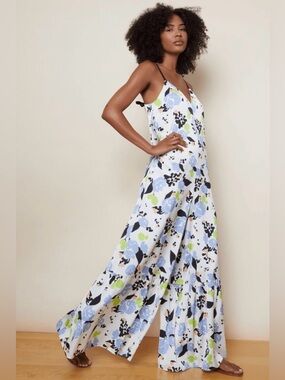 Hutch x Anthropologie XL White Blue Floral Wide Leg Jumpsuit Tie Back